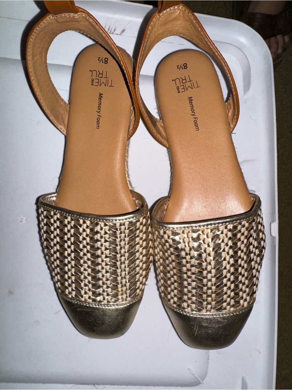Time and Tru Gold and Tan Woven Slingback Clogs